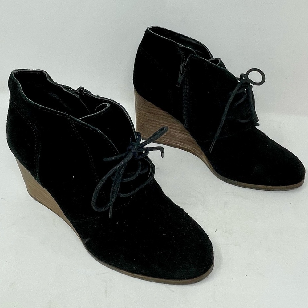 Lucky Brand Black Suede Zip Side and Lace Up Boots with Wedge Heels